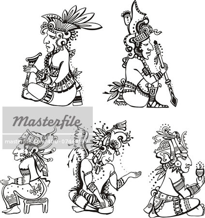 People characters in ancient maya style. Set of vector images.
