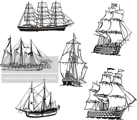 Black and white sketches of sailing ships. Set of vector illustrations.