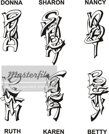 Stylized female names as monograms. Set of black and white vector illustrations.