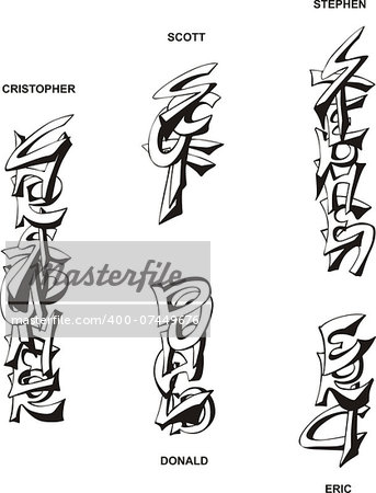 Stylized male names as monograms. Set of black and white vector illustrations.