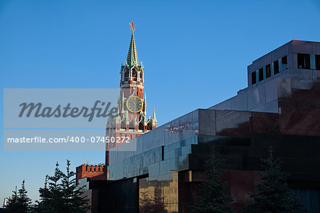 Lenin's Mausoleum and Spaska Tower of Moscow Kremlin on Red Square.