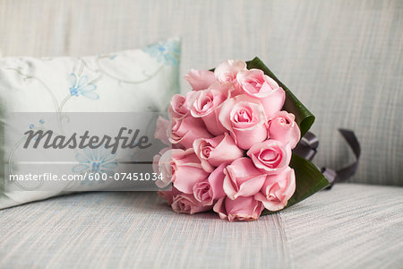 Bouquet on Sofa next to Cushion, Toronto, Ontario, Canada