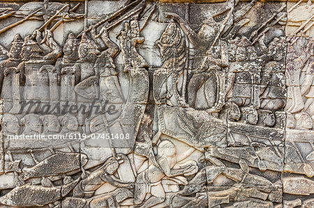 Bas-relief carvings in Bayon Temple in Angkor Thom, Angkor, UNESCO World Heritage Site, Siem Reap Province, Cambodia, Indochina, Southeast Asia, Asia