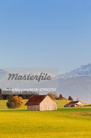 Cottage in Prealps landscape, Fussen, Ostallgau, Allgau, Allgau Alps, Bavaria, Germany, Europe