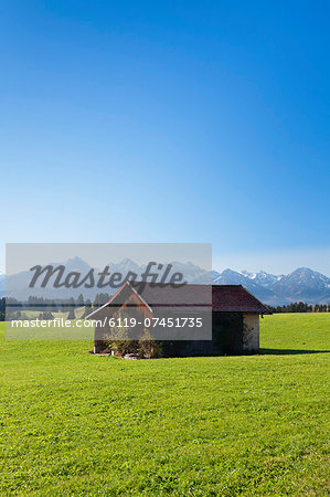 Cottage in Prealps landscape, Fussen, Ostallgau, Allgau, Allgau Alps, Bavaria, Germany, Europe