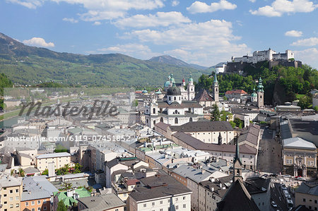 High angle view of the old town with Hohensalzburg Fortress, Dom Cathedral and Kappuzinerkirche Church, UNESCO World Heritage Site, Salzburg, Salzburger Land, Austria, Europe