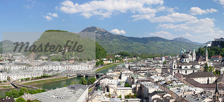 High angle view from Monchsberg mountain over the old town of Salzburg, UNESCO World Heritage Site, Salzburger Land, Austria, Europe