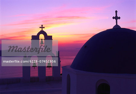 Church and Bell Tower at Sunset, Santorini, Cyclades, Greece