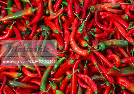 Large Pile of Red and Green Chillies