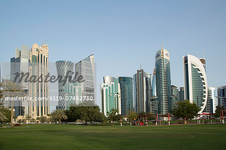 Futuristic skyscrapers downtown in Doha, Qatar, Middle East