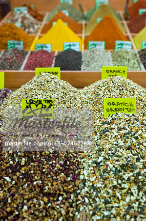 Tea and spices for sale in Spice Bazaar, Istanbul, Turkey, Western Asia