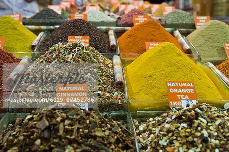 Tea and spices for sale in Spice Bazaar, Istanbul, Turkey, Western Asia
