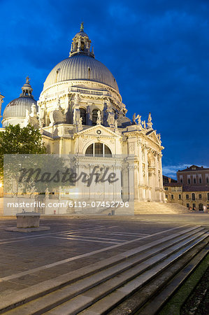 Santa Maria della Salute illuminated at night, Venice, UNESCO World Heritage Site, Veneto, Italy, Europe