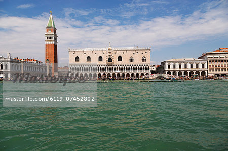 The Campanile and Palazzo Ducale (Doges Palace) in St Mark's Square, seen from St. Mark's Basin, Venice, UNESCO World Heritage Site, Veneto, Italy, Europe