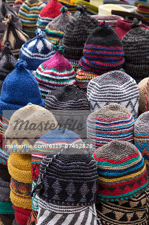 Traditional colourful woollen hats for sale in Old Square, Marrakech, Morocco, North Africa, Africa