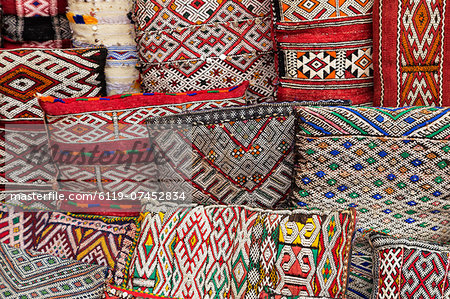 Traditional colourful Moroccan cushions for sale in the souks, Marrakech, Morocco, North Africa, Africa