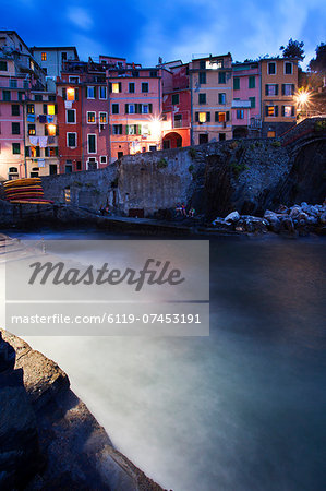 Riomaggiore Harbour at dusk, Cinque Terre, UNESCO World Heritage Site, Liguria, Italy, Mediterranean, Europe