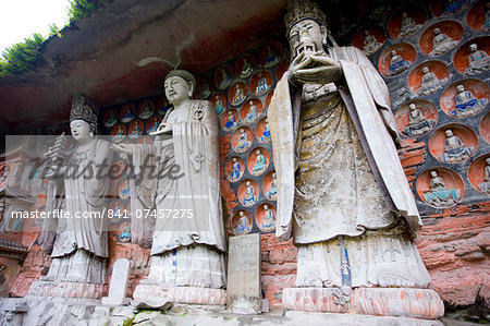 Dazu rock carvings of Buddha of Wisdom, Buddha of Great Sunlight, Buddha of Mercy, Mount Baoding, China