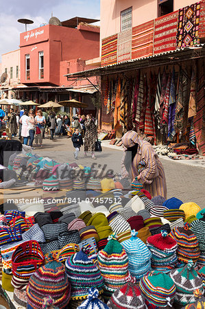 Traditional colourful woollen hats for sale in Rahba Kedima (Old Square), Marrakech, Morocco, North Africa, Africa