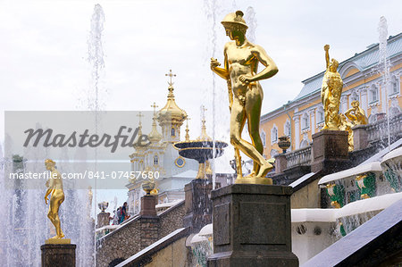 Golden statue of Hermes (Mercury), Grand Cascade, Peterhof (Petrodvorets), St. Petersburg, Russia, Europe