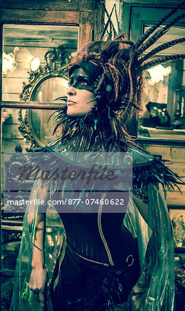 Profile of a neo-baroque woman with neck brace and transparent cloak Profile of a neo-baroque woman with neck brace and transparent cloak