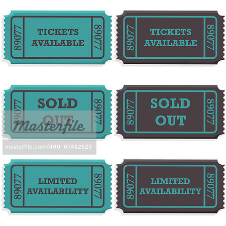 Concept illustration showing ticket stubs with a message saying if they are still available or if they are sold out