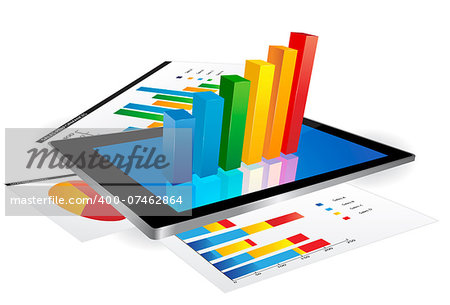 Tablet screen with 3d graph and a paper with statistic charts