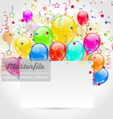 Illustration birthday card with multicolored balloons and confetti - vector