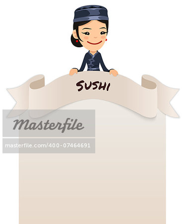 Asian Female Chef Looking at Blank Menu on Top. In the EPS file, each element is grouped separately. Isolated on white background.