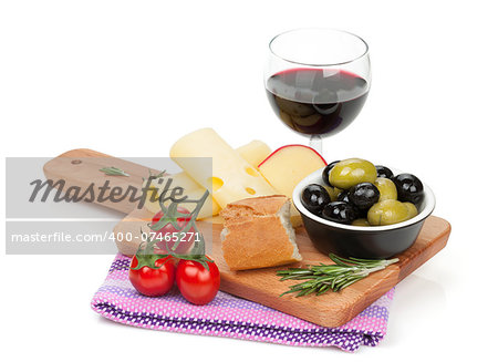 Red wine with cheese, bread, olives and spices. Isolated on white background