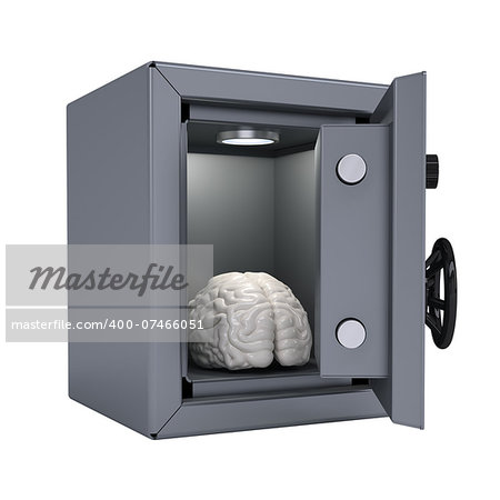 Brain in an open metal safe. Brain illuminated lamp. Isolated render on a white background