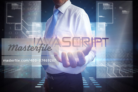 Businessman presenting the word javascript against hologram on black background with squares