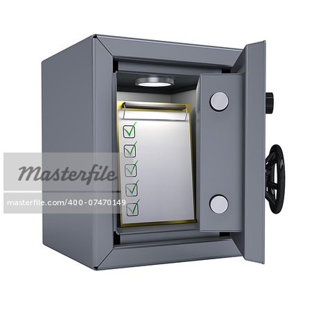 Checklist in an open metal safe. Checklist illuminated lamp. Isolated render on a white background
