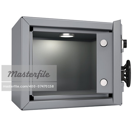 Opened metal safe. Isolated render on a white background