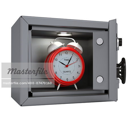 Alarm clock in an open metal safe. Alarm clock illuminated lamp. Isolated render on a white background