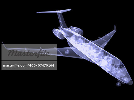 Small commercial plane with internal equipment. X-ray image. Isolated render on a black background