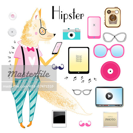 funny fox hipster hipster and a set of objects on white background