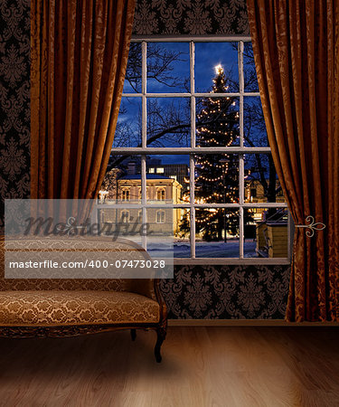 Christmas town view window from classic furniture interior room