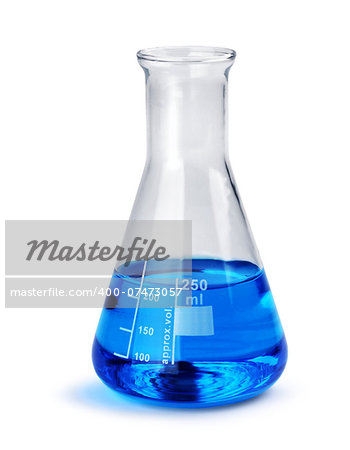 Labotatory test glass container with blue liquid test sample