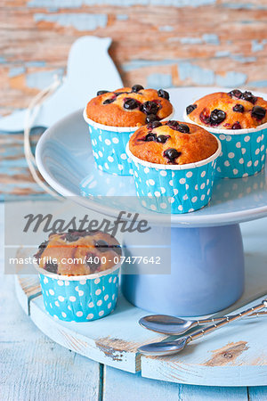 Delicious homemade blueberry muffins on a blue cake ctand.
