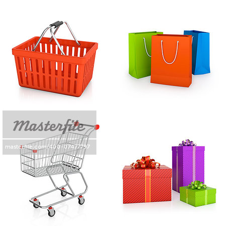 Image set of shopping objects isolated on white background.