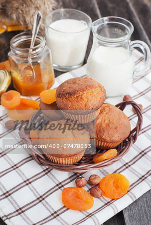 Fresh homemade apricot muffins and glass of milk for breakfast