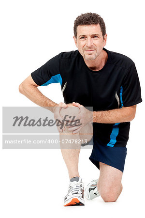 adult attractive man in sportswear knee pain injury ache isolated on white