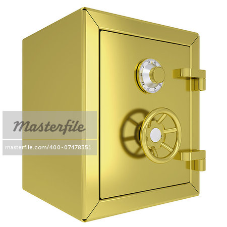 Closed gold safe. Isolated render on a white background