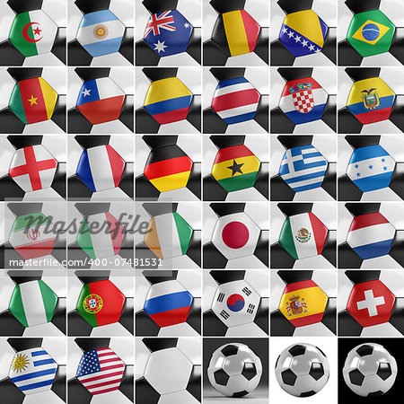 Soccer balls with all national flags of the world championship