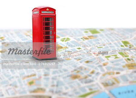 Red telephone booth pointing planned travel destination on map