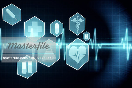 Medical icons in hexagons interface menu on black and blue background