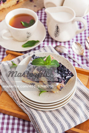 Portion of fresh homemade blueberry cake and cup of tea on the background