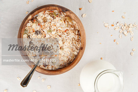 muesli with milk in a bowl