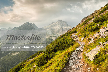 mountain landscape with a path at summer sunset